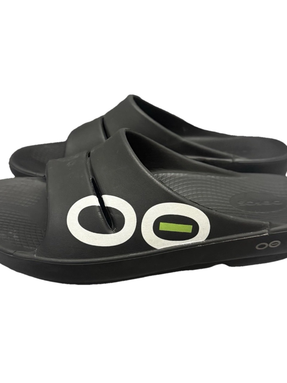 OOFOS Slide Sandals in Black with White and Lime Accents Unisex Mens 9 Womens 11